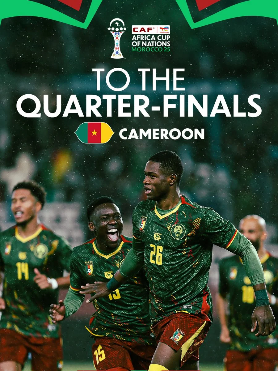 Cameroon players celebrate their 2–1 victory over South Africa to qualify for the AFCON 2025 quarter-finals.