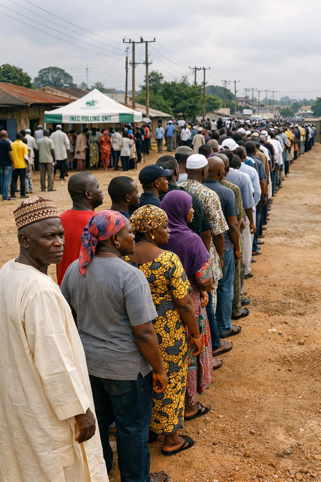 Long queue of Nigerian voters waiting patiently at an INEC polling unit during a general election.