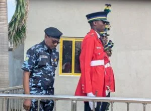 Deputy Inspector-General of Police Mohammed Abdul addressing officers during a visit to the Kaduna State Police Command.