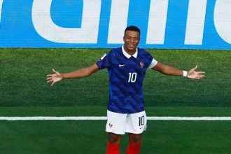 France captain Kylian Mbappé celebrates after scoring against Sweden in the 2026 FIFA World Cup Round of 32.