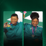 Folashade Oluwafemiayo celebrates after setting a new world record in para powerlifting at the Commonwealth Games.