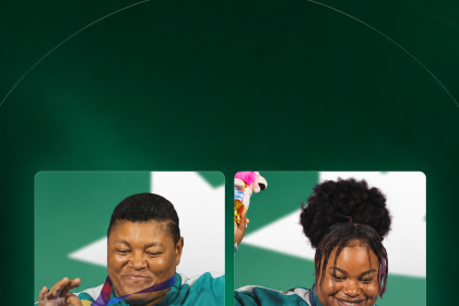 Folashade Oluwafemiayo celebrates after setting a new world record in para powerlifting at the Commonwealth Games.
