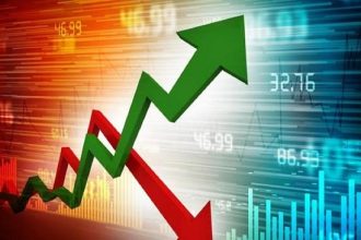 Electronic stock market board displaying rising Nigerian equities market performance.
