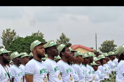 NYSC corps members during orientation camp parade in Nigeria.