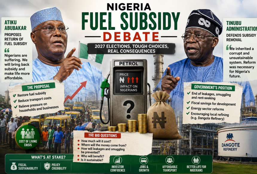 Atiku Abubakar’s proposed return of fuel subsidy raises questions about funding and fiscal sustainability in Nigeria.