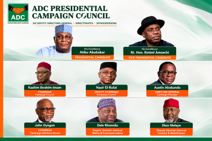 Atiku Abubakar ADC Presidential Campaign Council structure listing Nasir El-Rufai, Rotimi Amaechi, John Oyegun, Dele Momodu, Dino Melaye and other campaign officials.