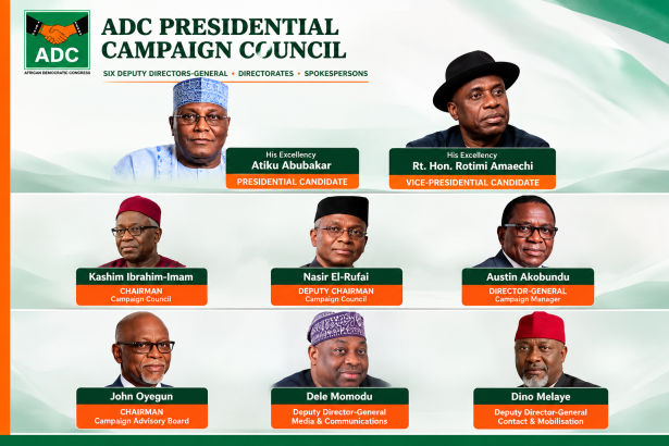Atiku Abubakar ADC Presidential Campaign Council structure listing Nasir El-Rufai, Rotimi Amaechi, John Oyegun, Dele Momodu, Dino Melaye and other campaign officials.