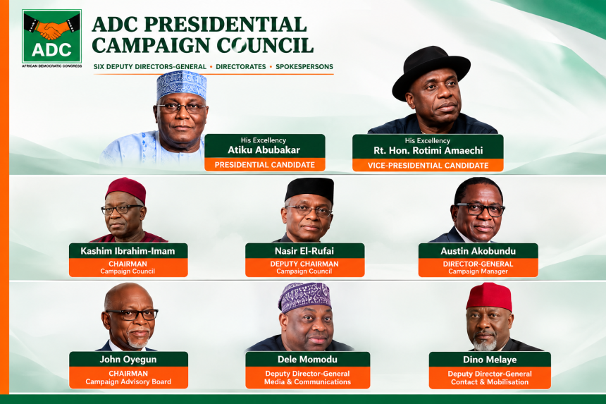 Atiku Abubakar ADC Presidential Campaign Council structure listing Nasir El-Rufai, Rotimi Amaechi, John Oyegun, Dele Momodu, Dino Melaye and other campaign officials.