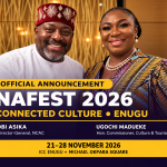 NAFEST 2026 promotional artwork announcing Enugu as host city for the National Festival of Arts and Culture under the theme “Connected Culture.”