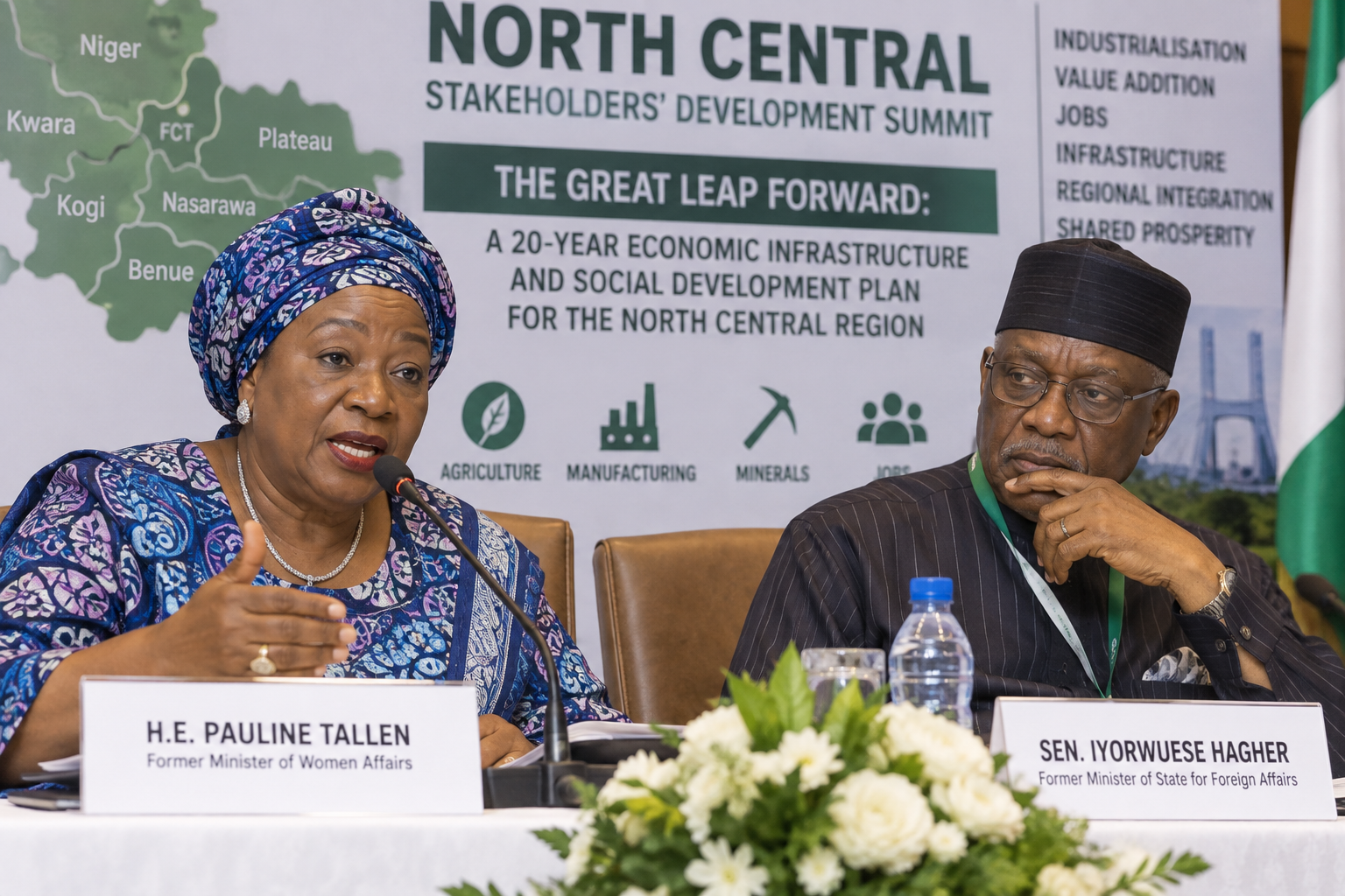 Pauline Tallen and Iyorwuese Hagher at a North Central stakeholders’ summit in Abuja advocating regional industrialisation and value addition.