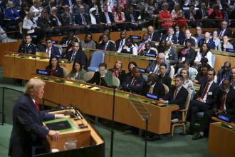 Donald Trump addressing world leaders during the 81st UN General Assembly in New York
