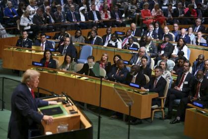 Donald Trump addressing world leaders during the 81st UN General Assembly in New York