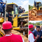 Composite illustration of a bulldozer at a rural road reconstruction flag-off, with community leaders and workers gathered at the site.