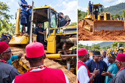 Composite illustration of a bulldozer at a rural road reconstruction flag-off, with community leaders and workers gathered at the site.