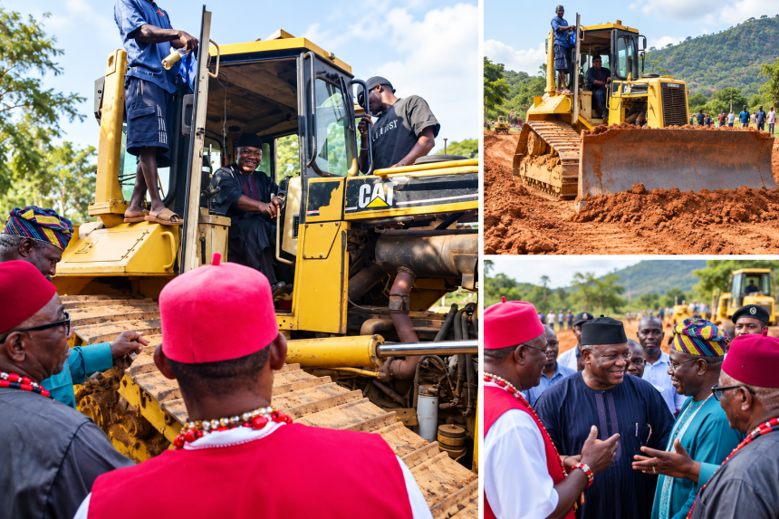 Composite illustration of a bulldozer at a rural road reconstruction flag-off, with community leaders and workers gathered at the site.
