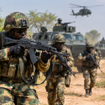 Nigerian Army troops conduct security operations against terrorists in Nigeria.