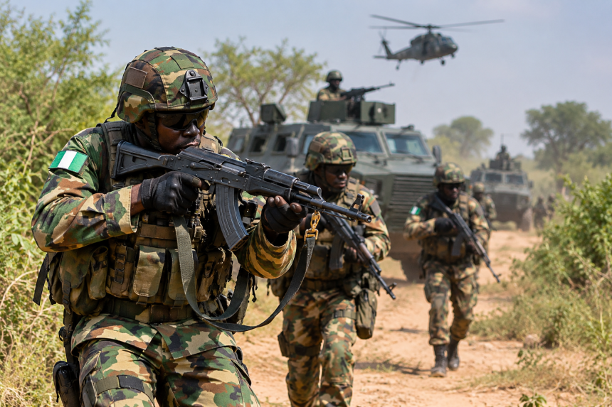 Nigerian Army troops conduct security operations against terrorists in Nigeria.