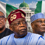 Nigeria’s 2027 elections, featuring President Bola Tinubu and opposition figures Peter Obi and Atiku Abubakar amid debates over electoral credibility.