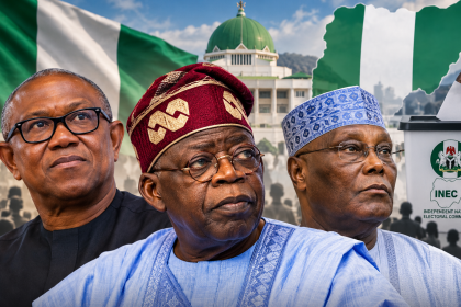 Nigeria’s 2027 elections, featuring President Bola Tinubu and opposition figures Peter Obi and Atiku Abubakar amid debates over electoral credibility.