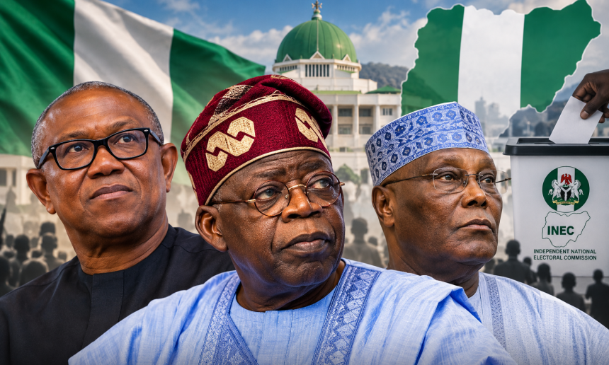 Nigeria’s 2027 elections, featuring President Bola Tinubu and opposition figures Peter Obi and Atiku Abubakar amid debates over electoral credibility.