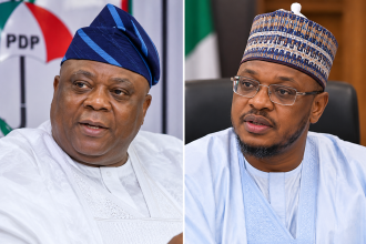 Split-screen portraits of PDP politicians Oladipupo Adebutu and Isa Ali Pantami.