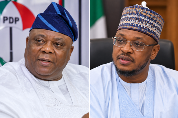 Split-screen portraits of PDP politicians Oladipupo Adebutu and Isa Ali Pantami.