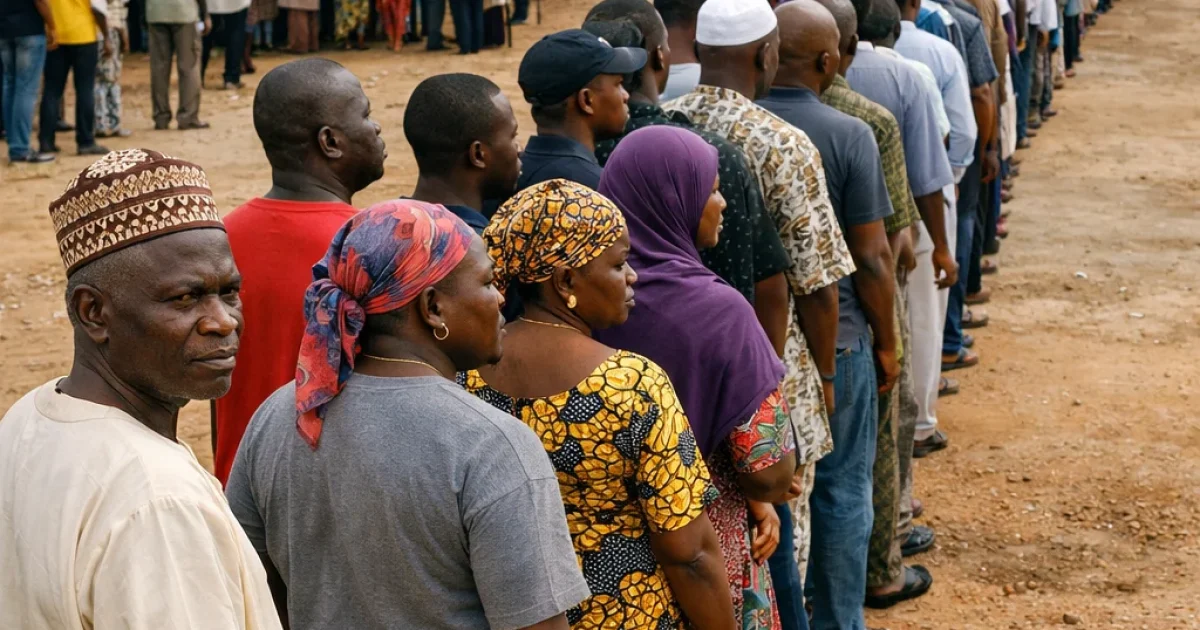 Long queue of Nigerian voters waiting patiently at an INEC polling unit during a general election.