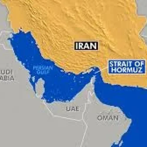 Map showing the Strait of Hormuz between Iran and Oman, a key global oil shipping route
