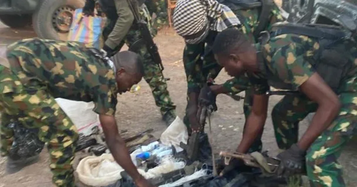 Troops of Operation Whirl Stroke intercept a criminal kingpin’s wife and seize a cache of weapons, including rifles and grenades, in Amadu Village, Taraba State.”