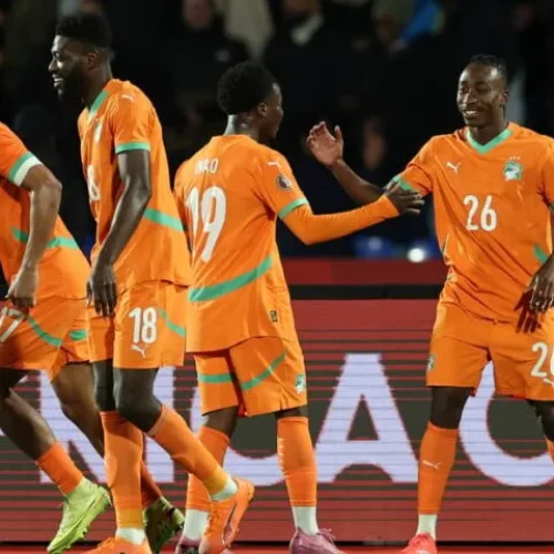 Côte d’Ivoire players celebrating a goal during their 3–0 win over Burkina Faso in Marrakesh.