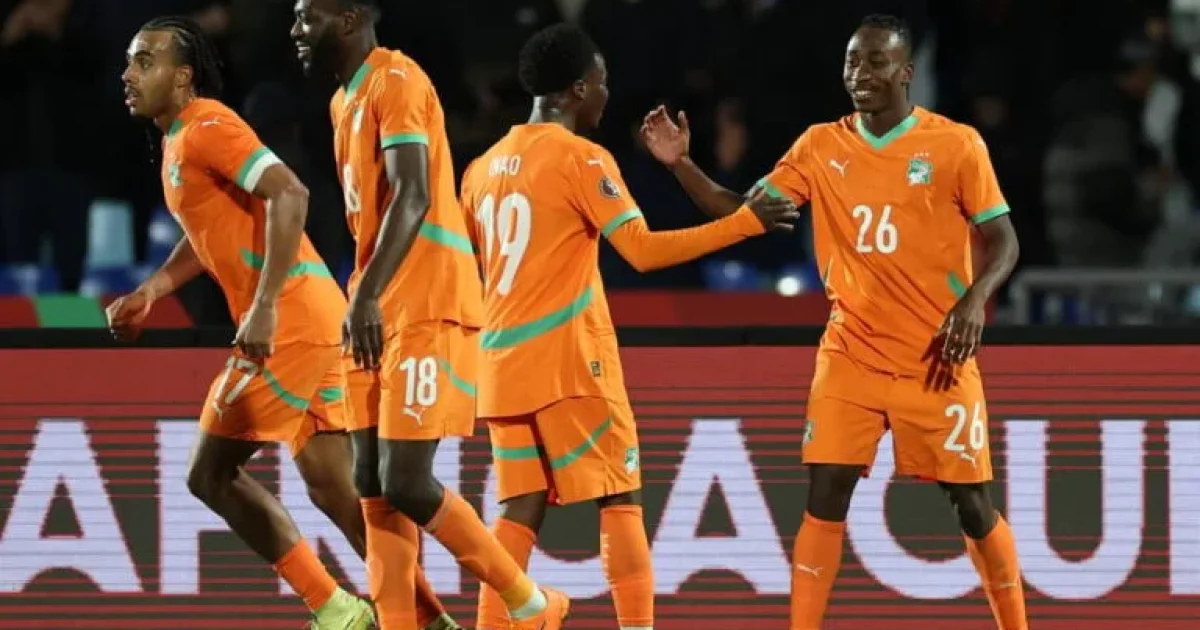 Côte d’Ivoire players celebrating a goal during their 3–0 win over Burkina Faso in Marrakesh.